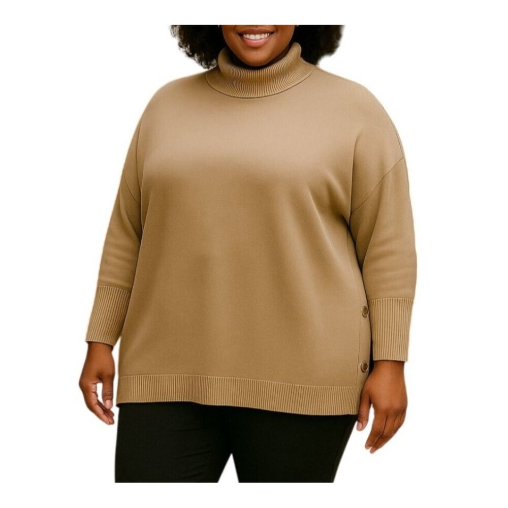 Alfani Womens 3X Sweater Turtleneck Poncho Taupe With Gold Button Accents